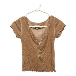 True Craft Brown Ribbed V-Neck Buttoned Crop Top Size Small